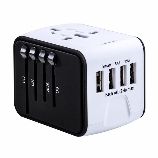 FEDEC Universele Wereldstekker met 4 USB Poorten